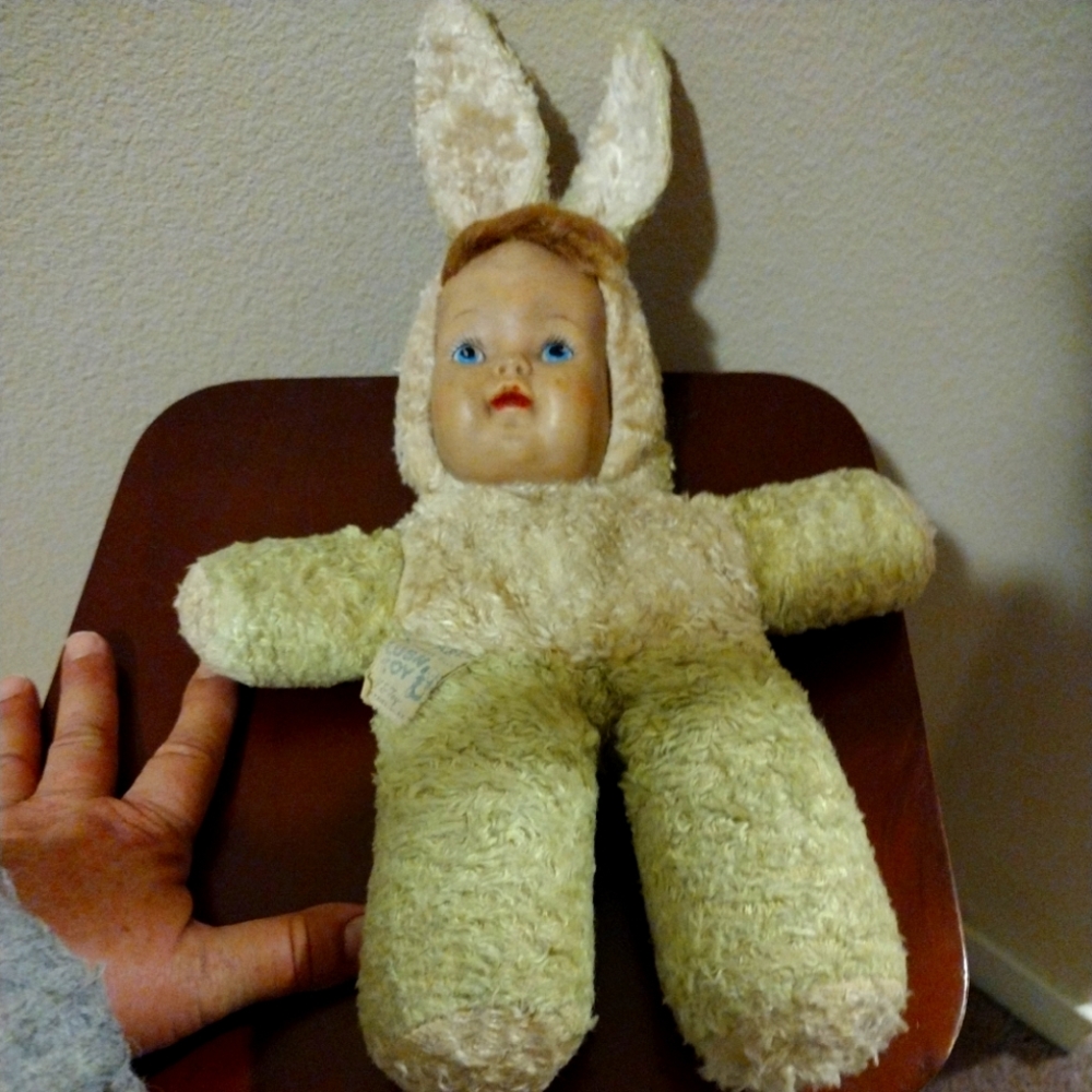 Vintage plastic Face Plush Doll. Bunny ears